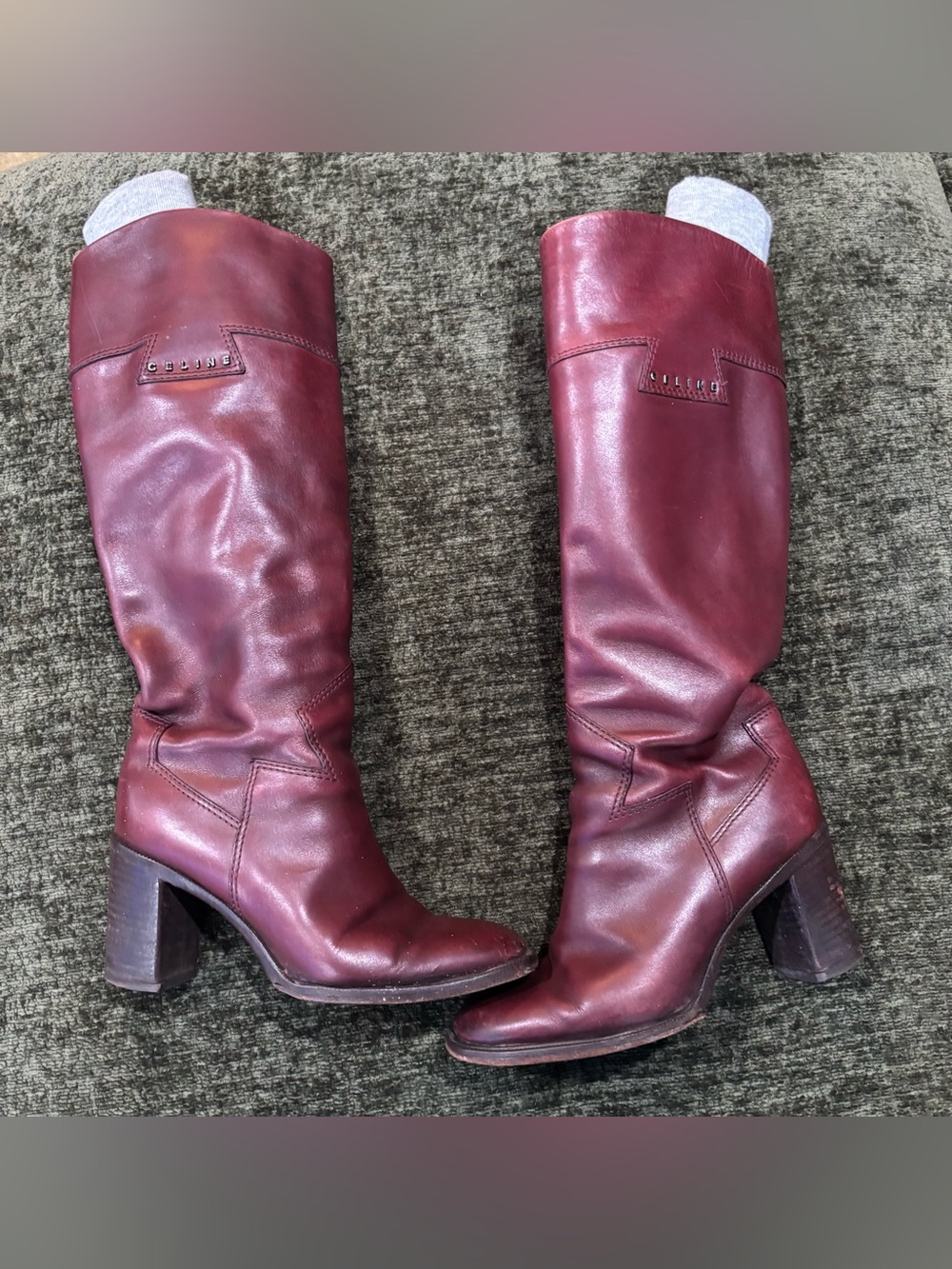 Celine Block Heel Leather Burgundy Knee High Riding Boots 37/7 Preowned